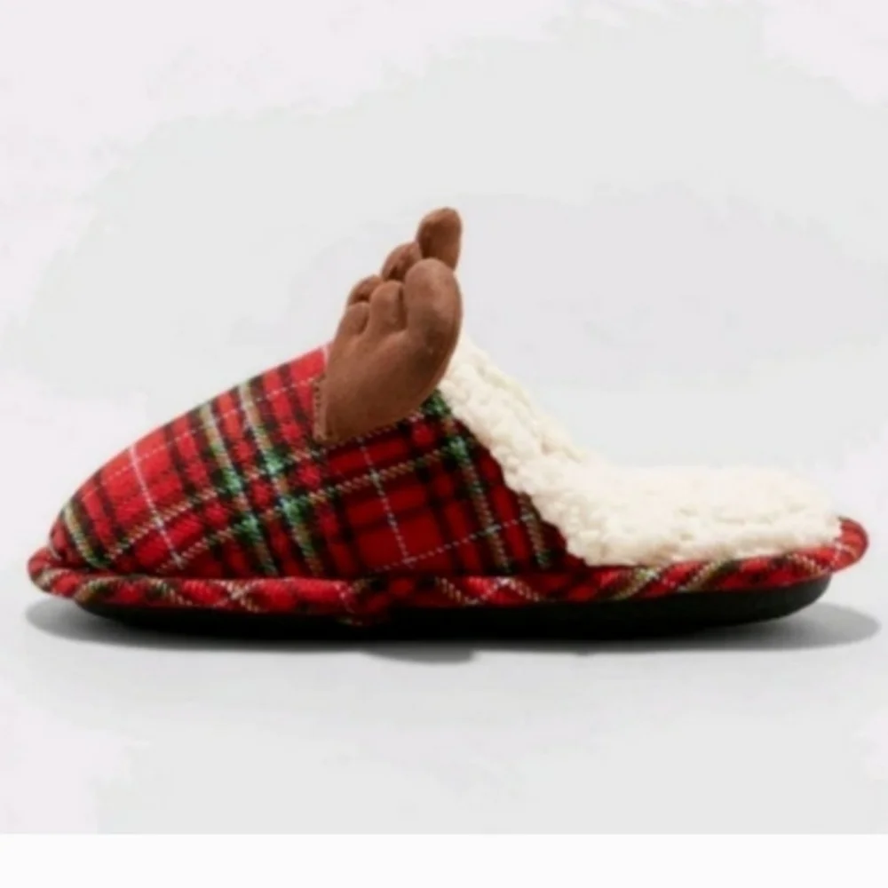 NWT Wondershop Kids' Holiday Plaid Reindeer Moose Slippers Size 9-10 Unisex New